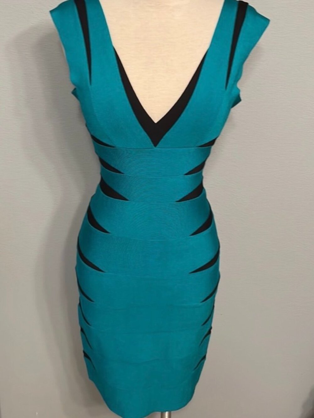 Herve Leger Teal Black Bandage Bodycon Dress S